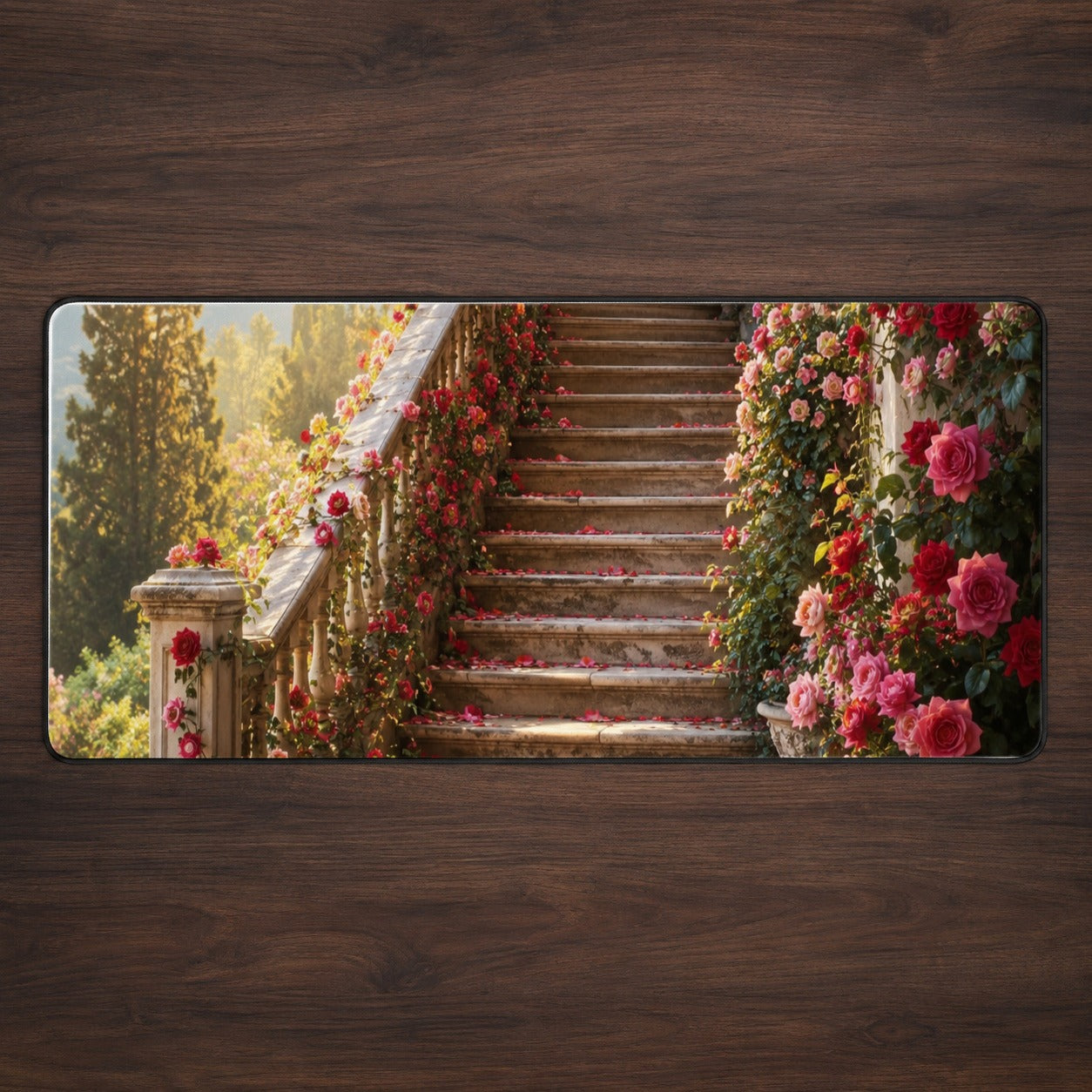 Rose Garden Staircase Desk Mat 31.5x11.8 Inch, Romantic Garden Art