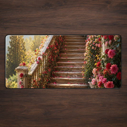 Rose Garden Staircase Desk Mat 31.5x11.8 Inch, Romantic Garden Art