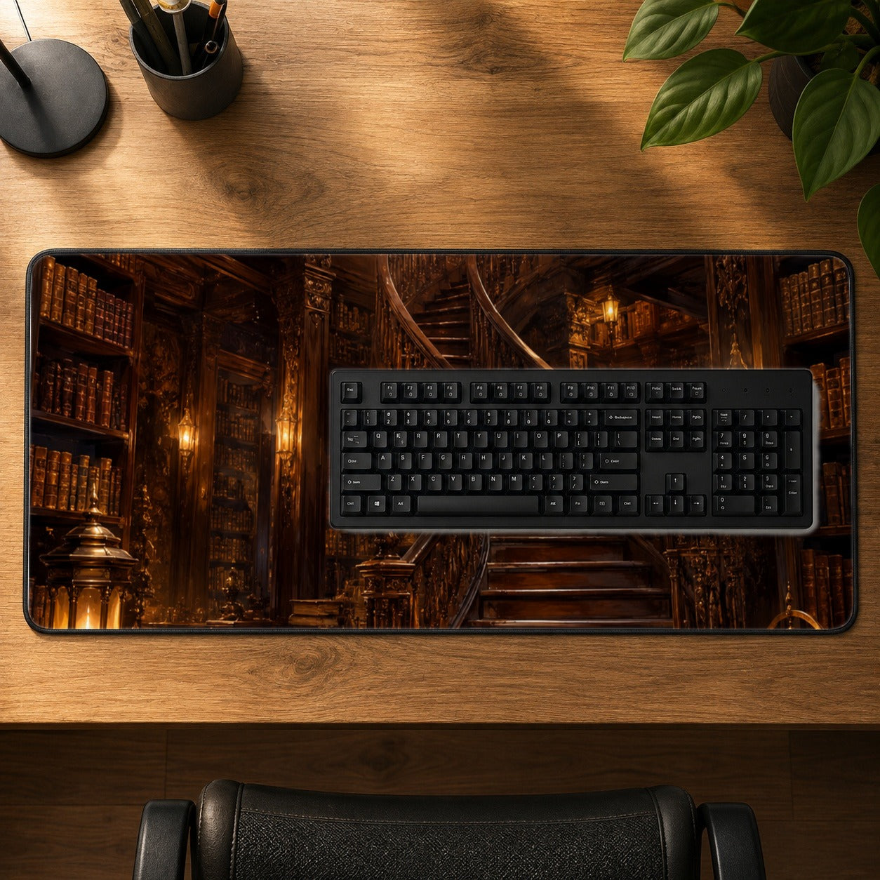 #pl[31.5x11.8 Inch (80x30cm)|Multicolor] Grand Library Staircase Desk Mat 31.5x11.8 Inch, Dark Academia Library Art