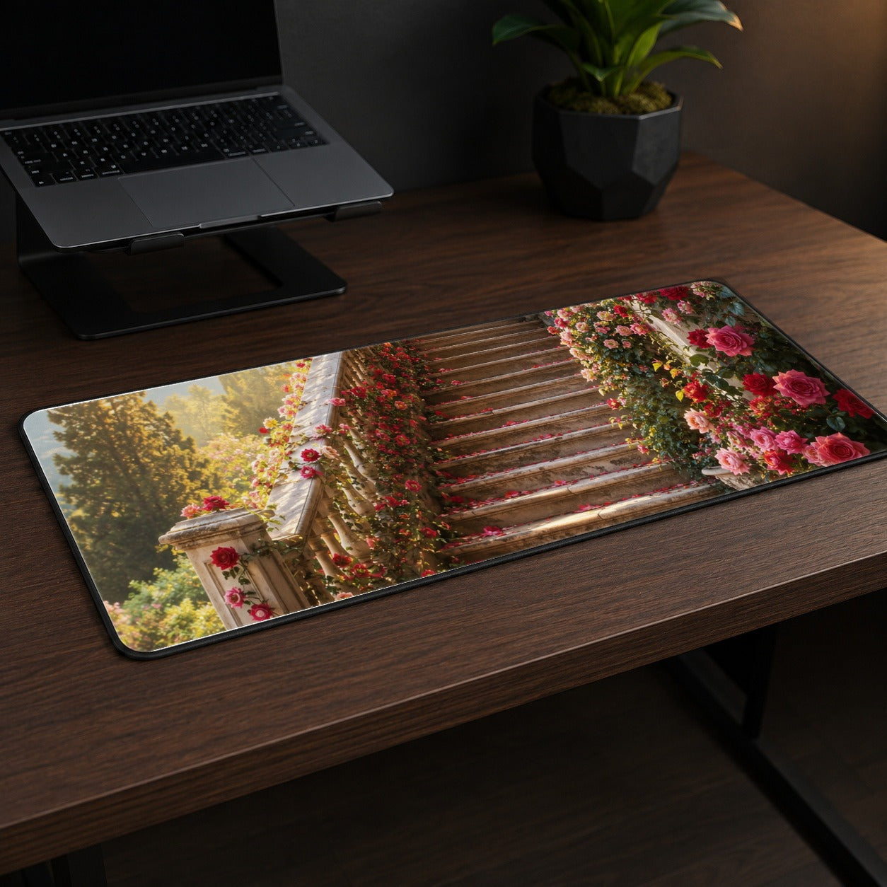 #pl[31.5x11.8 Inch (80x30cm)|Multicolor] Rose Garden Staircase Desk Mat 31.5x11.8 Inch, Romantic Garden Art
