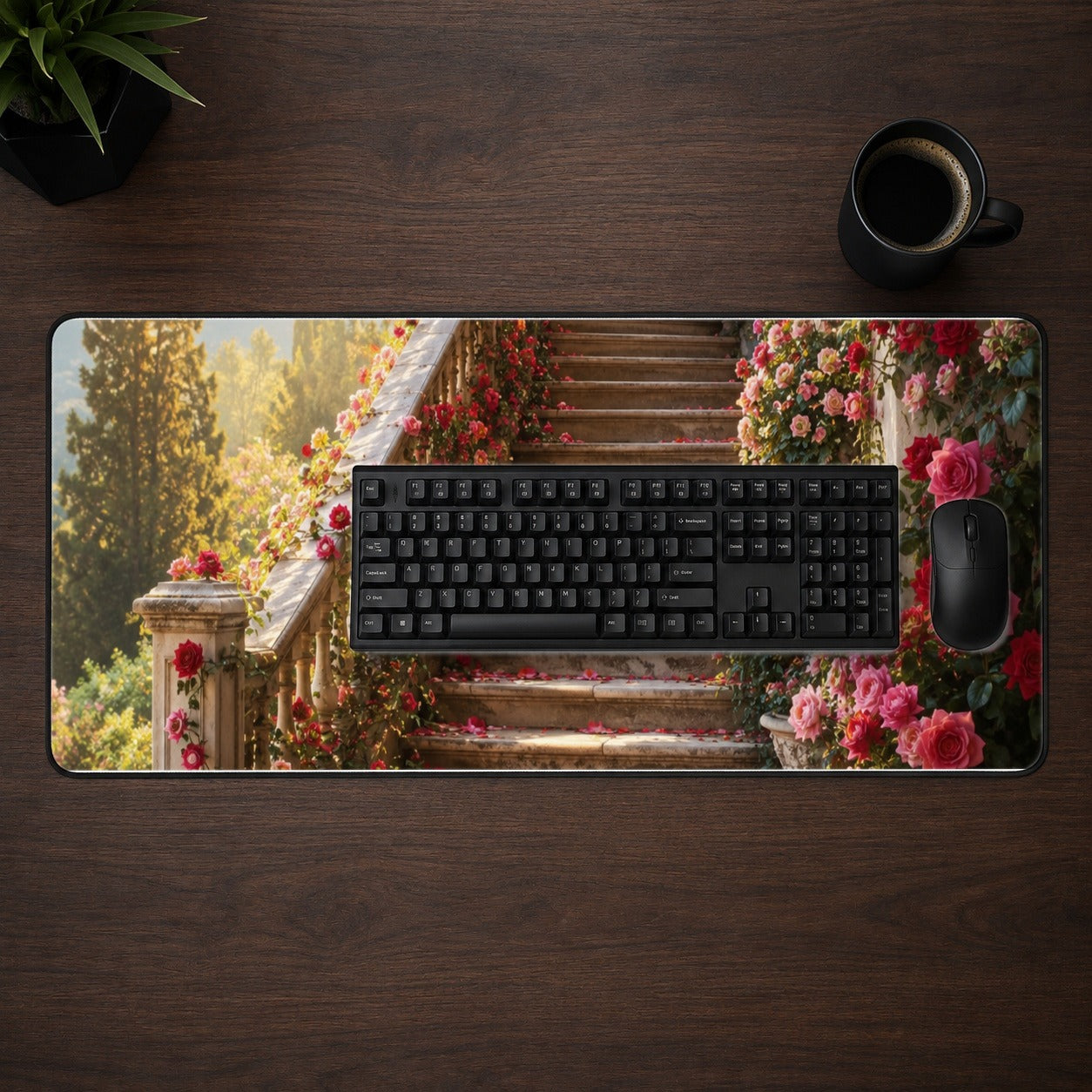 #pl[31.5x11.8 Inch (80x30cm)|Multicolor] Rose Garden Staircase Desk Mat 31.5x11.8 Inch, Romantic Garden Art