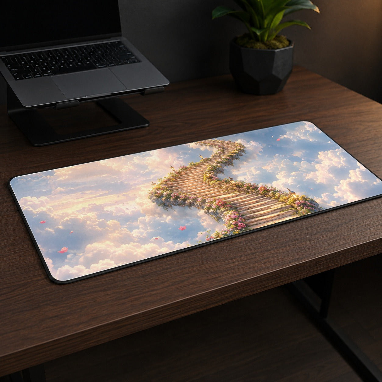 #pl[31.5x11.8 Inch (80x30cm)|Multicolor] Cloud Cottage Stairway Desk Mat 31.5x11.8 Inch, Whimsical Sky Cottage Art