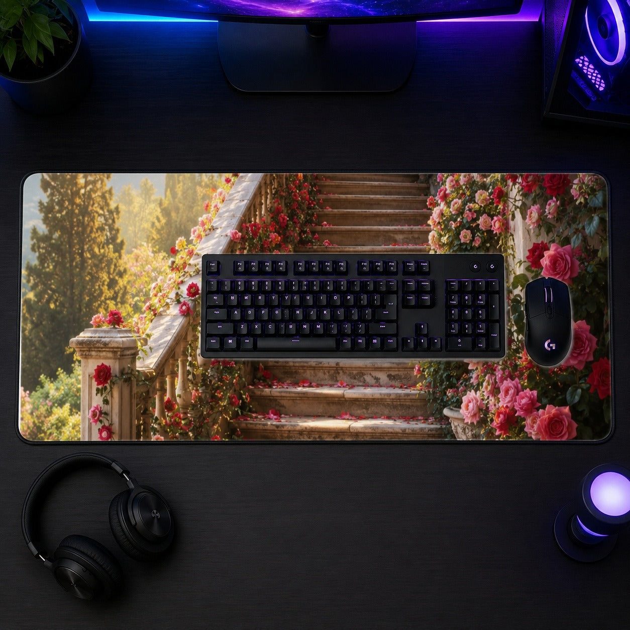 #pl[31.5x11.8 Inch (80x30cm)|Multicolor] Rose Garden Staircase Desk Mat 31.5x11.8 Inch, Romantic Garden Art