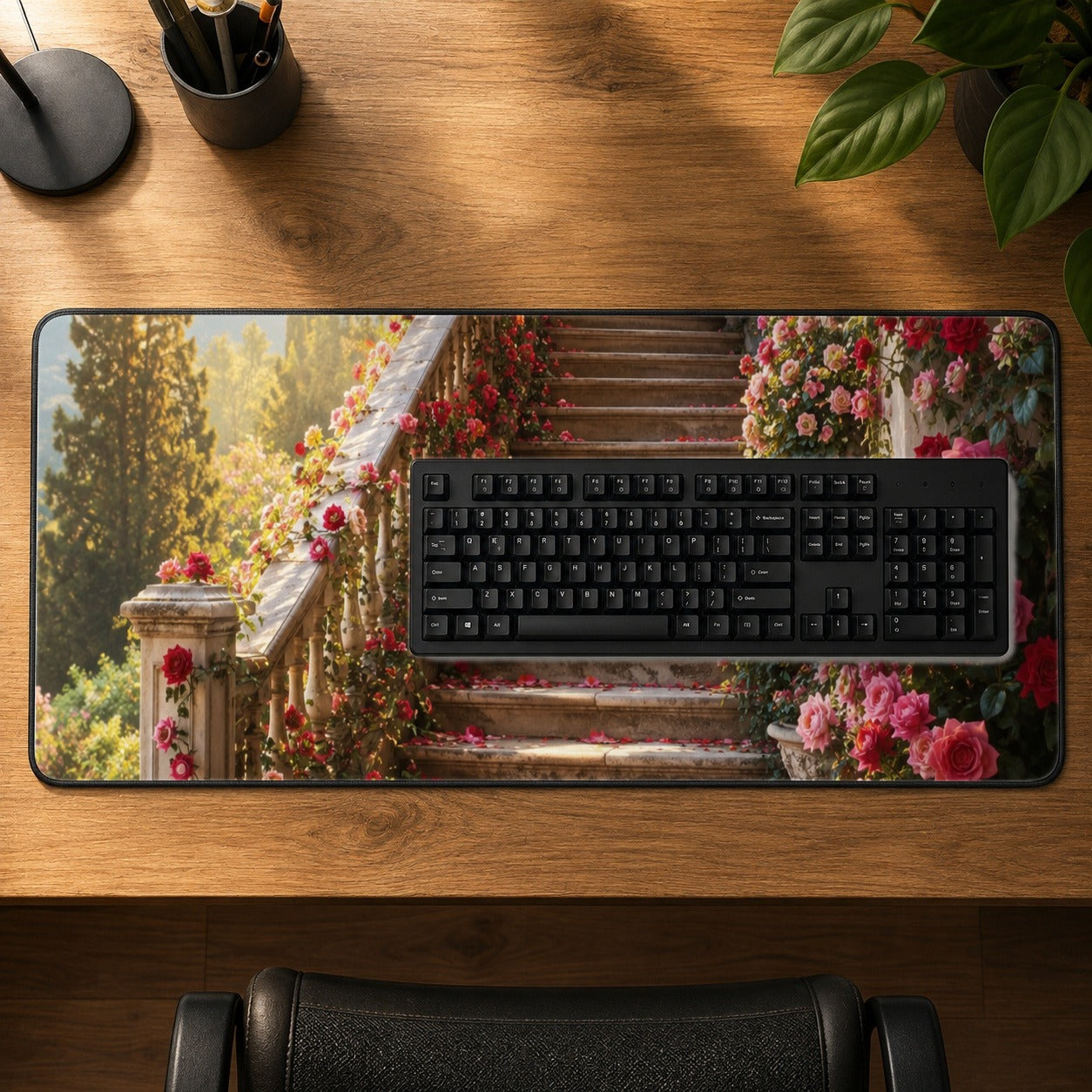 #pl[31.5x11.8 Inch (80x30cm)|Multicolor] Rose Garden Staircase Desk Mat 31.5x11.8 Inch, Romantic Garden Art