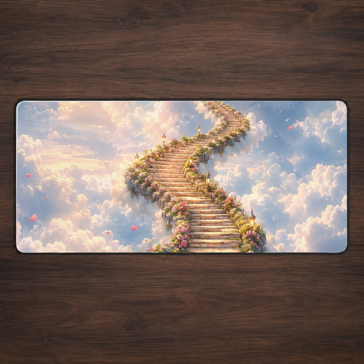Cloud Cottage Stairway Desk Mat 31.5x11.8 Inch, Whimsical Sky Cottage Art