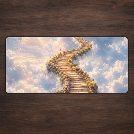 Cloud Cottage Stairway Desk Mat 31.5x11.8 Inch, Whimsical Sky Cottage Art