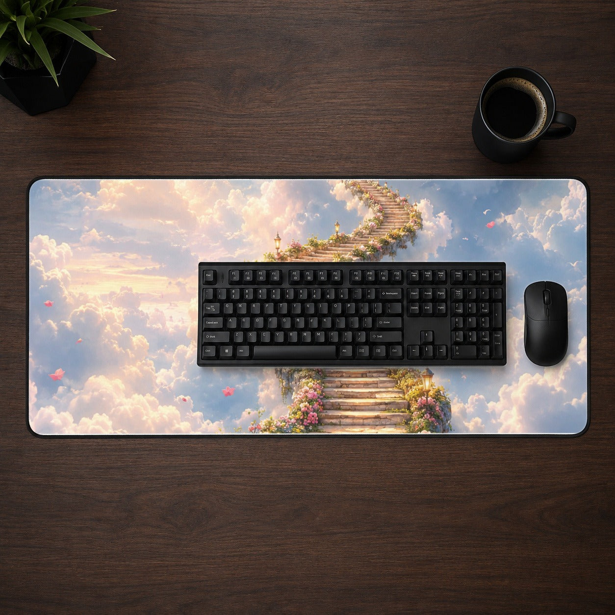 #pl[31.5x11.8 Inch (80x30cm)|Multicolor] Cloud Cottage Stairway Desk Mat 31.5x11.8 Inch, Whimsical Sky Cottage Art