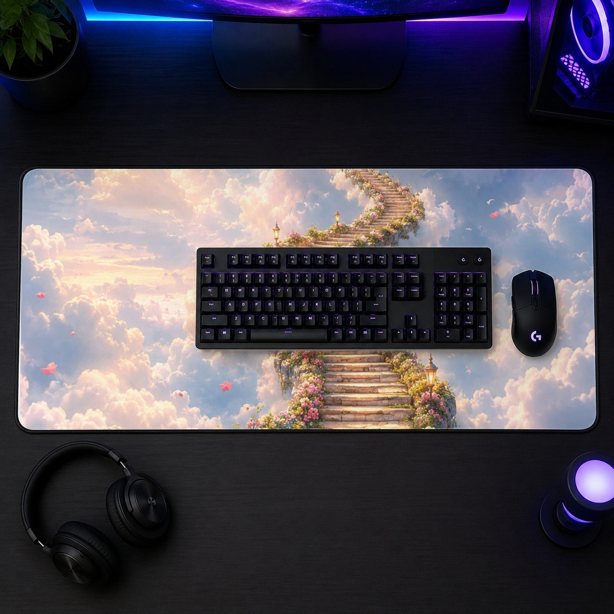 #pl[31.5x11.8 Inch (80x30cm)|Multicolor] Cloud Cottage Stairway Desk Mat 31.5x11.8 Inch, Whimsical Sky Cottage Art