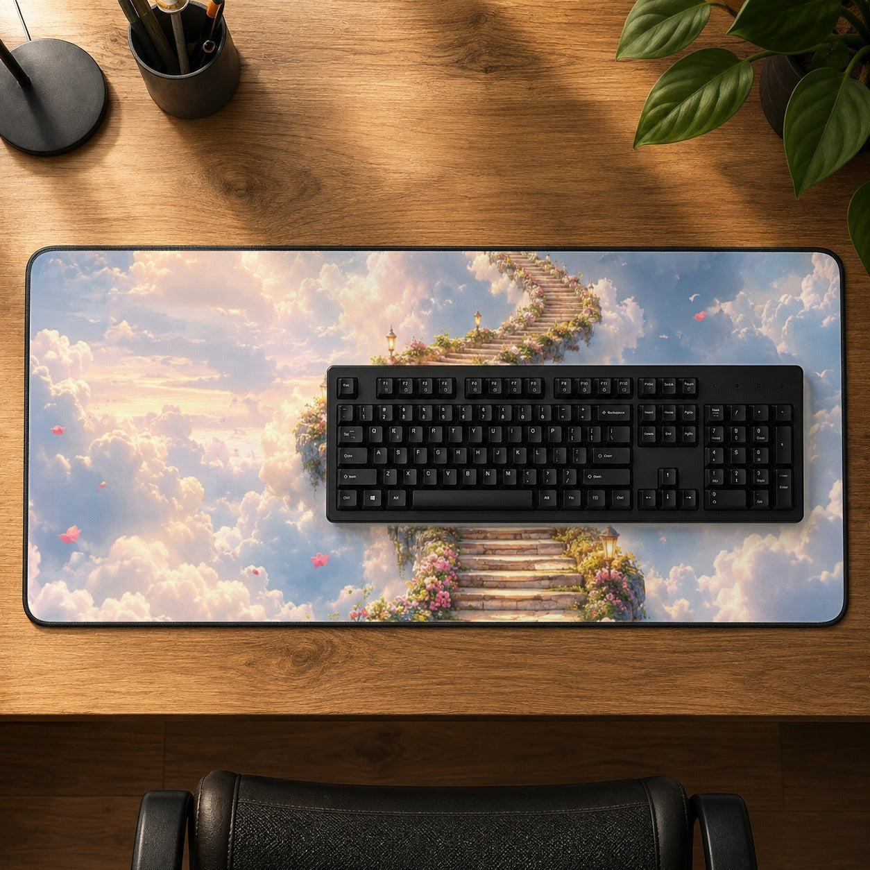 #pl[31.5x11.8 Inch (80x30cm)|Multicolor] Cloud Cottage Stairway Desk Mat 31.5x11.8 Inch, Whimsical Sky Cottage Art