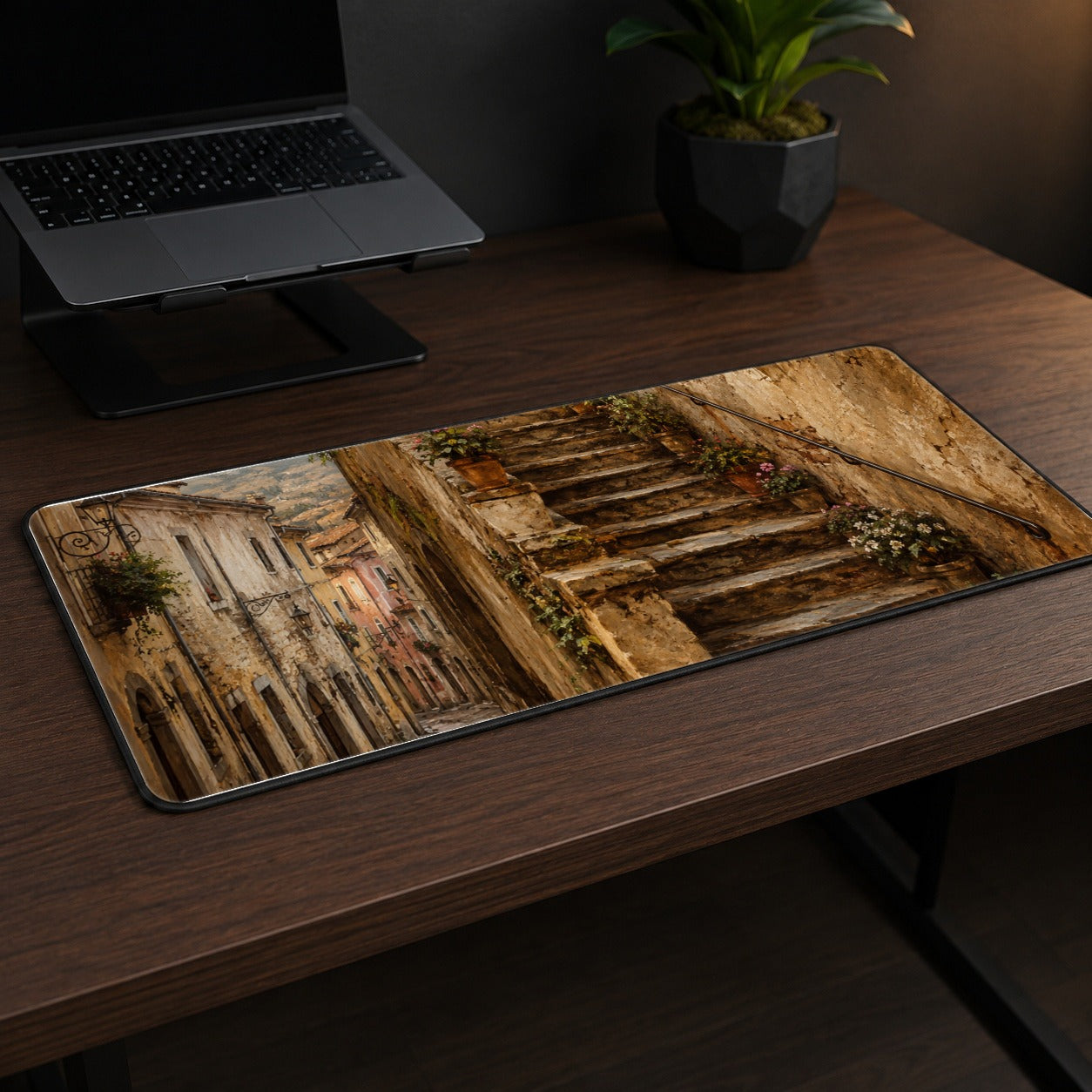 #pl[31.5x11.8 Inch (80x30cm)|Multicolor] Old Village Staircase Desk Mat 31.5x11.8 Inch, Rustic European Street Art