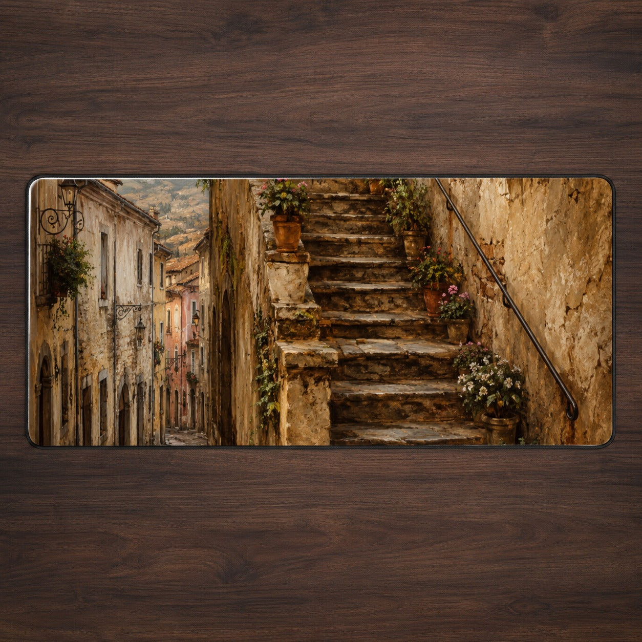 Old Village Staircase Desk Mat 31.5x11.8 Inch, Rustic European Street Art