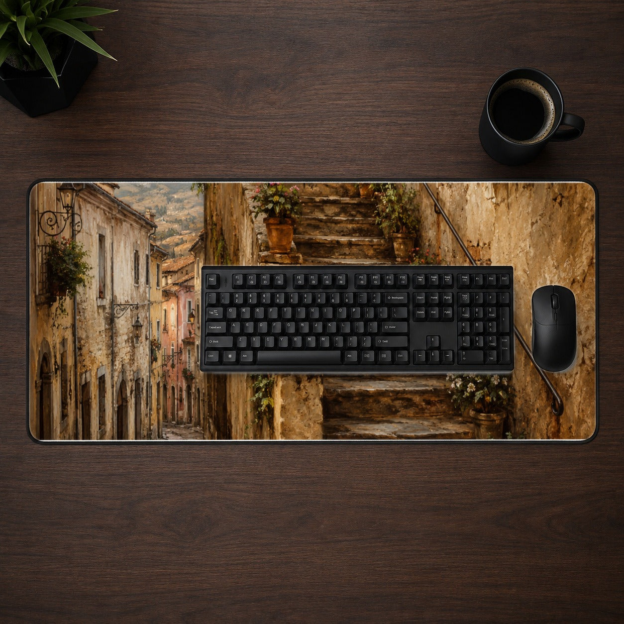 #pl[31.5x11.8 Inch (80x30cm)|Multicolor] Old Village Staircase Desk Mat 31.5x11.8 Inch, Rustic European Street Art