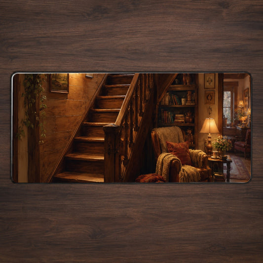 Cozy Wooden Staircase Desk Mat 31.5x11.8 Inch, Warm Cottage Interior Art