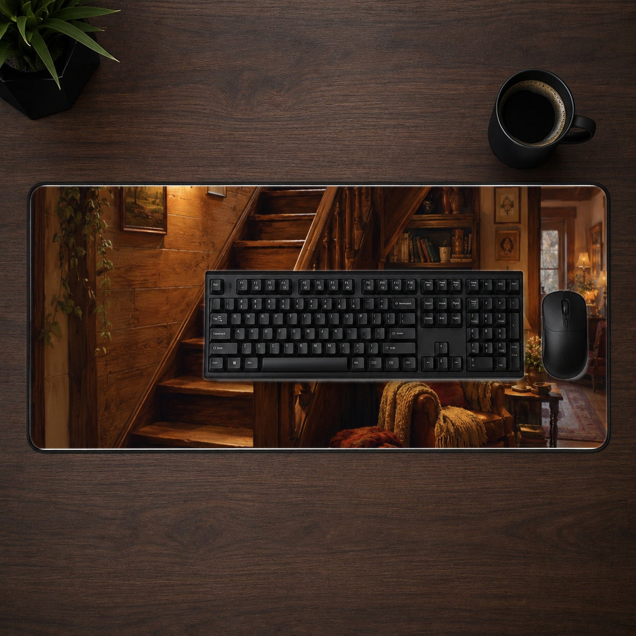 #pl[31.5x11.8 Inch (80x30cm)|Multicolor] Cozy Wooden Staircase Desk Mat 31.5x11.8 Inch, Warm Cottage Interior Art
