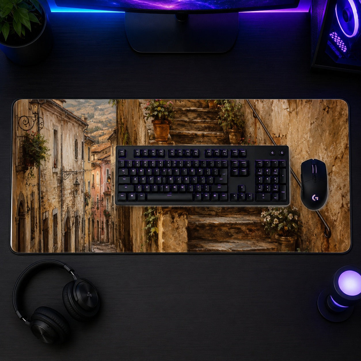 #pl[31.5x11.8 Inch (80x30cm)|Multicolor] Old Village Staircase Desk Mat 31.5x11.8 Inch, Rustic European Street Art