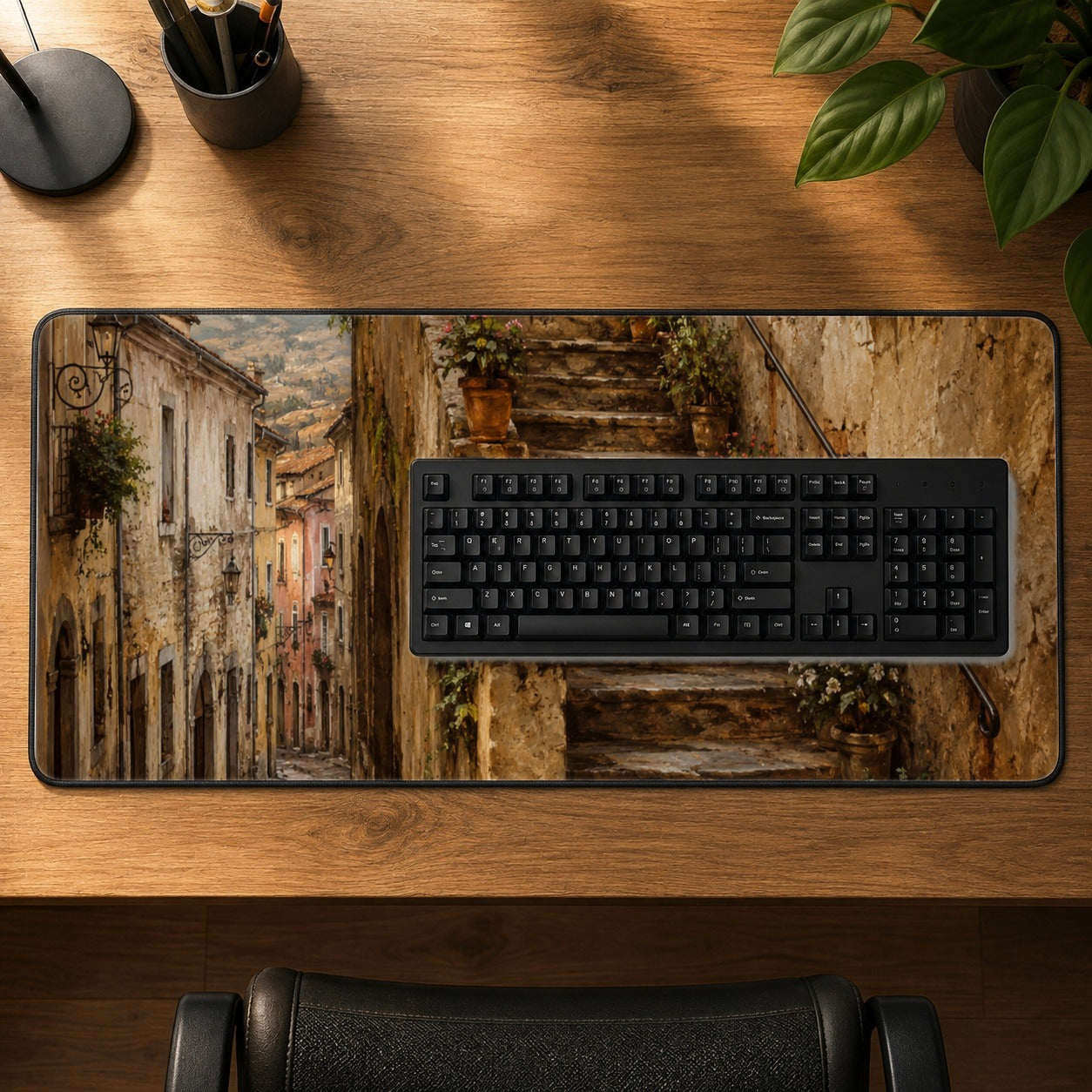 #pl[31.5x11.8 Inch (80x30cm)|Multicolor] Old Village Staircase Desk Mat 31.5x11.8 Inch, Rustic European Street Art