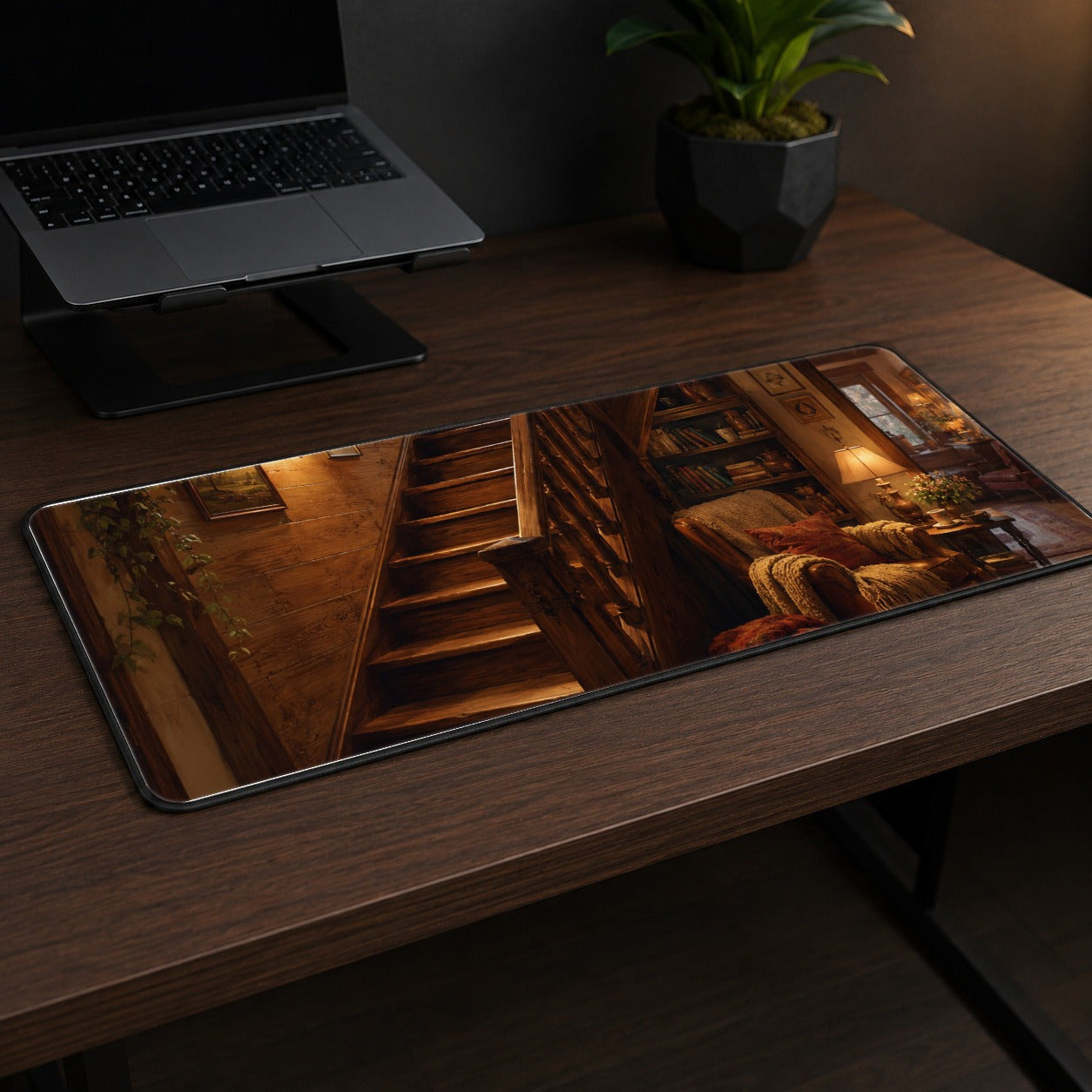 #pl[31.5x11.8 Inch (80x30cm)|Multicolor] Cozy Wooden Staircase Desk Mat 31.5x11.8 Inch, Warm Cottage Interior Art