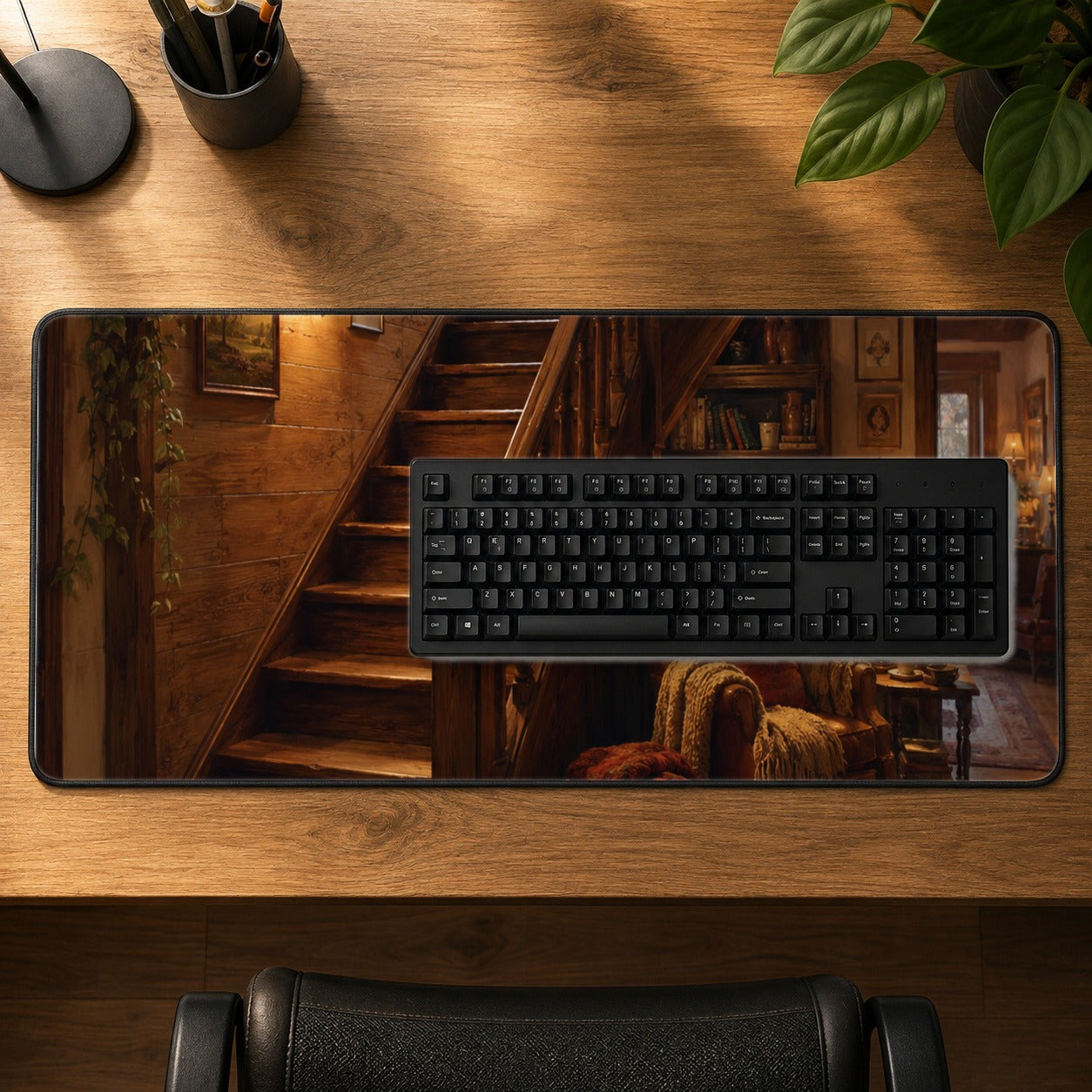 #pl[31.5x11.8 Inch (80x30cm)|Multicolor] Cozy Wooden Staircase Desk Mat 31.5x11.8 Inch, Warm Cottage Interior Art