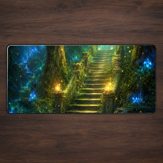 Enchanted Forest Stairway Desk Mat 31.5x11.8 Inch, Fantasy Woodland Art