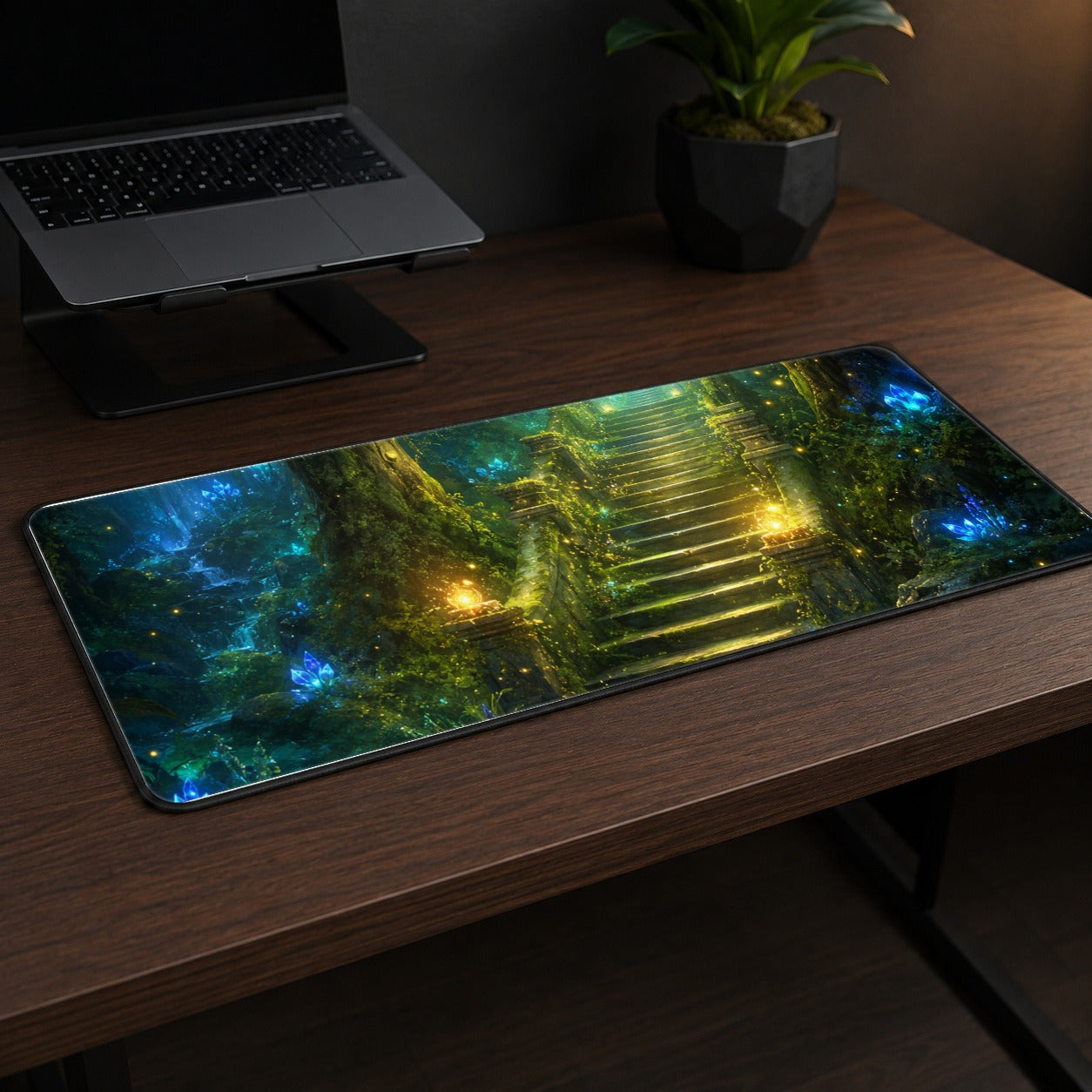 #pl[31.5x11.8 Inch (80x30cm)|Multicolor] Enchanted Forest Stairway Desk Mat 31.5x11.8 Inch, Fantasy Woodland Art