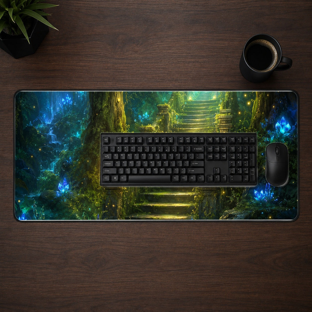 #pl[31.5x11.8 Inch (80x30cm)|Multicolor] Enchanted Forest Stairway Desk Mat 31.5x11.8 Inch, Fantasy Woodland Art