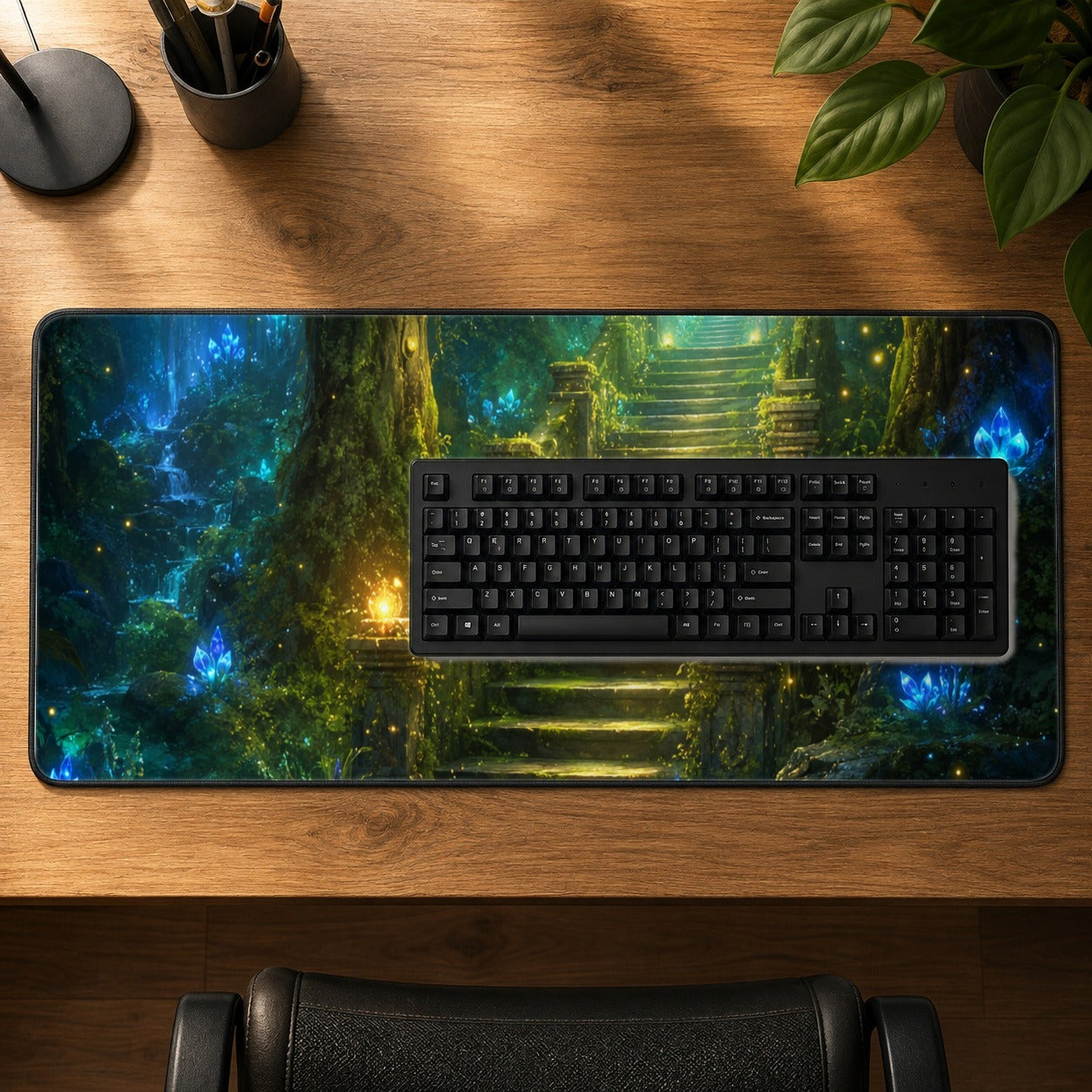 #pl[31.5x11.8 Inch (80x30cm)|Multicolor] Enchanted Forest Stairway Desk Mat 31.5x11.8 Inch, Fantasy Woodland Art