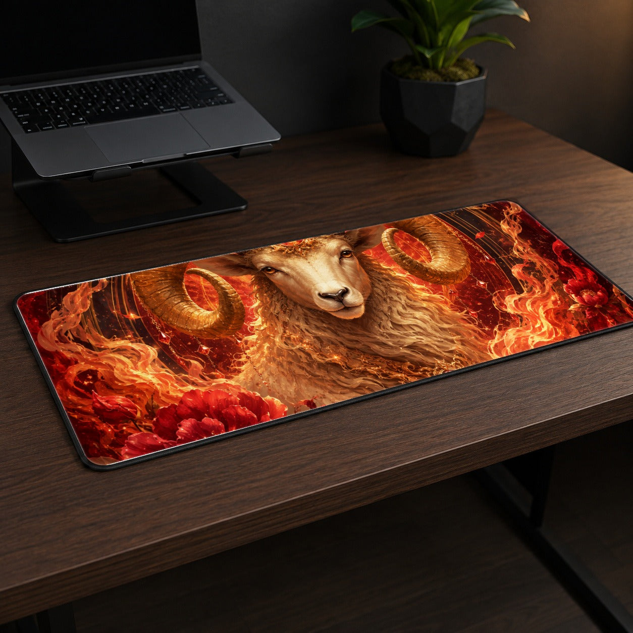 #pl[31.5x11.8 Inch (80x30cm)|Multicolor] Aries Ram Desk Mat 31.5x11.8 Inch, Fiery Zodiac Celestial Art