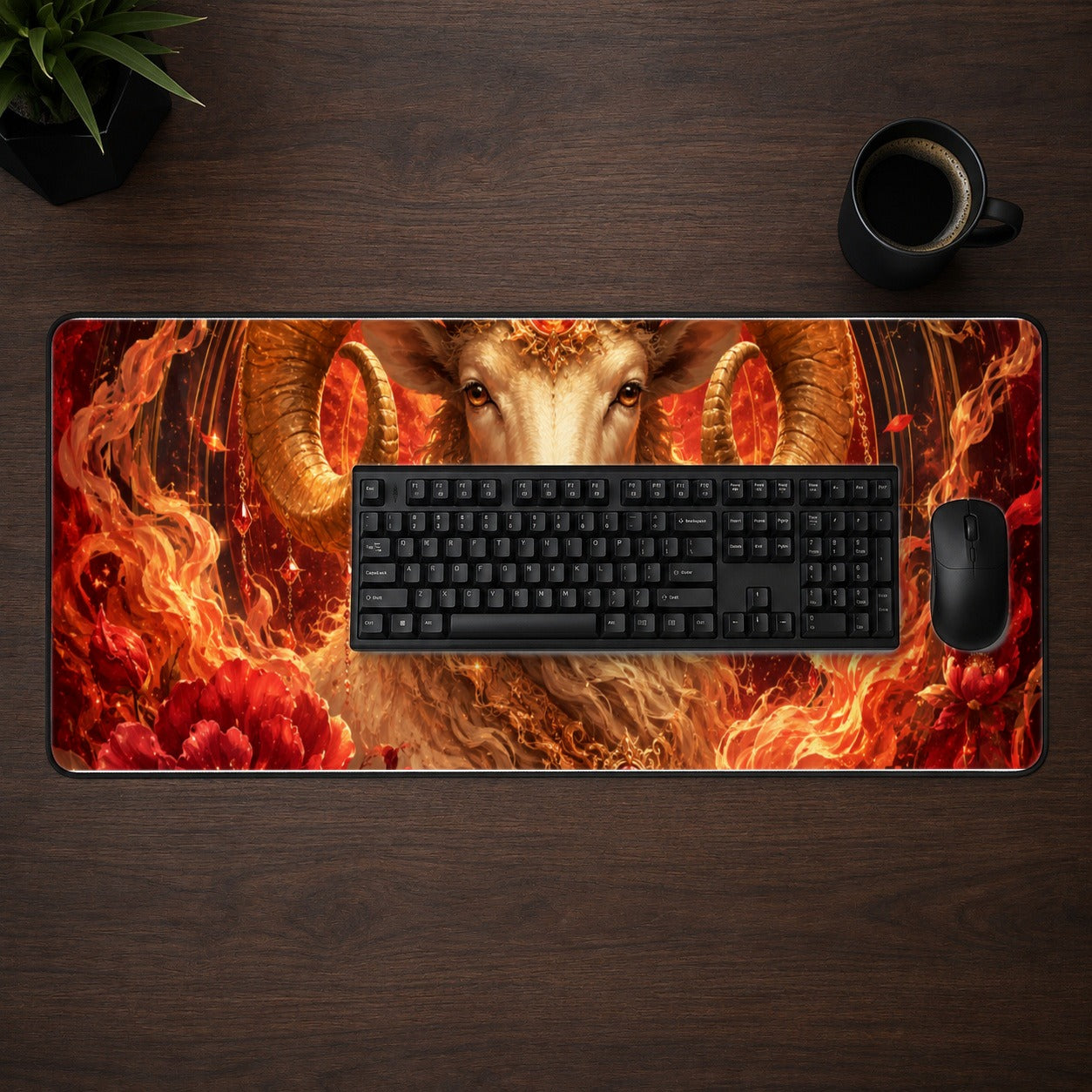 #pl[31.5x11.8 Inch (80x30cm)|Multicolor] Aries Ram Desk Mat 31.5x11.8 Inch, Fiery Zodiac Celestial Art