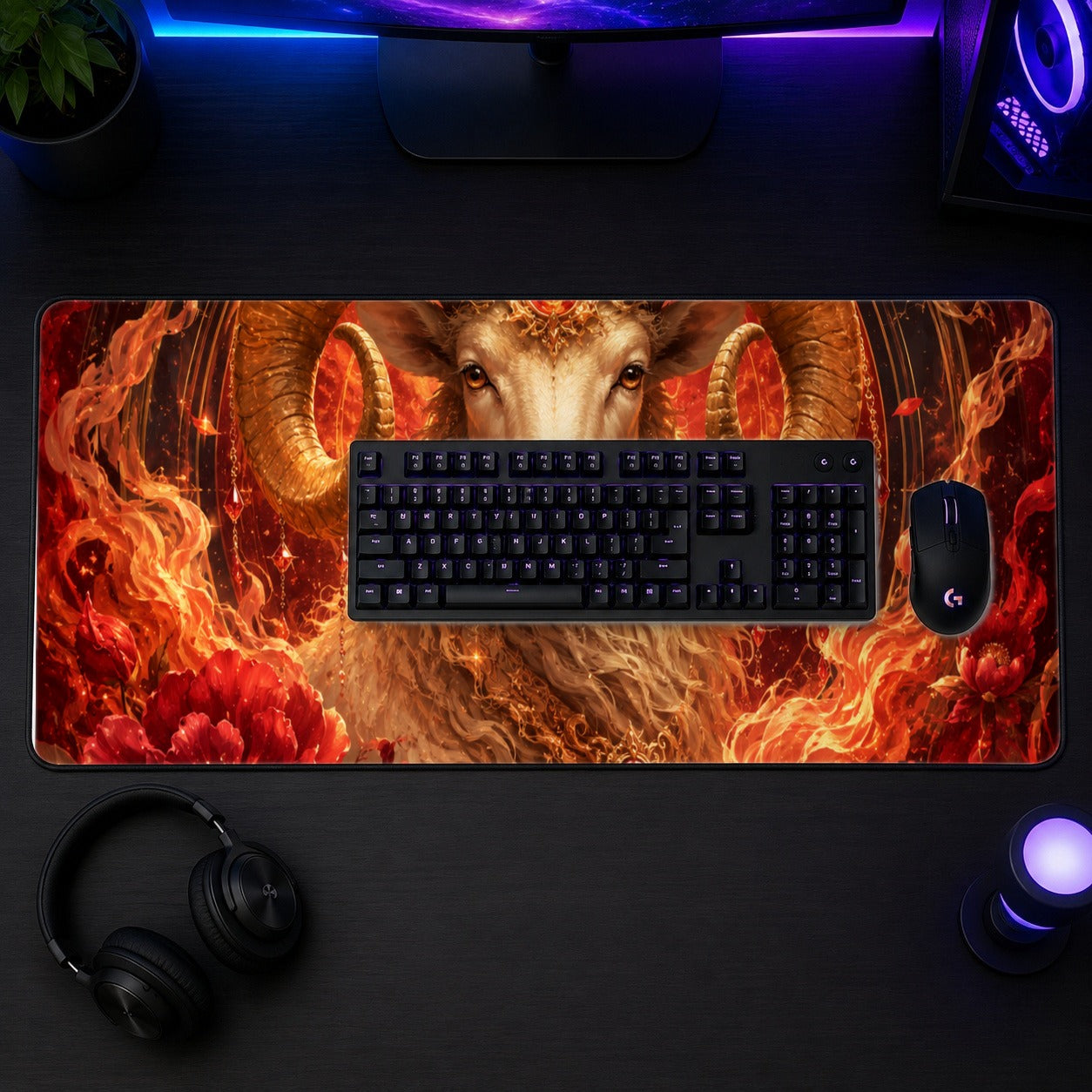 #pl[31.5x11.8 Inch (80x30cm)|Multicolor] Aries Ram Desk Mat 31.5x11.8 Inch, Fiery Zodiac Celestial Art