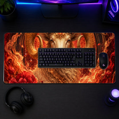 #pl[31.5x11.8 Inch (80x30cm)|Multicolor] Aries Ram Desk Mat 31.5x11.8 Inch, Fiery Zodiac Celestial Art