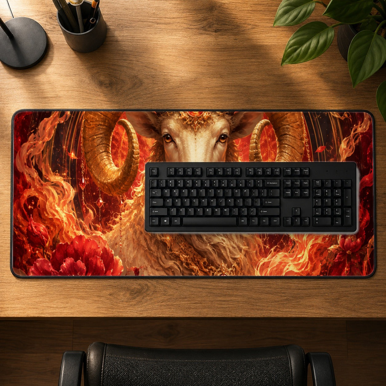 #pl[31.5x11.8 Inch (80x30cm)|Multicolor] Aries Ram Desk Mat 31.5x11.8 Inch, Fiery Zodiac Celestial Art