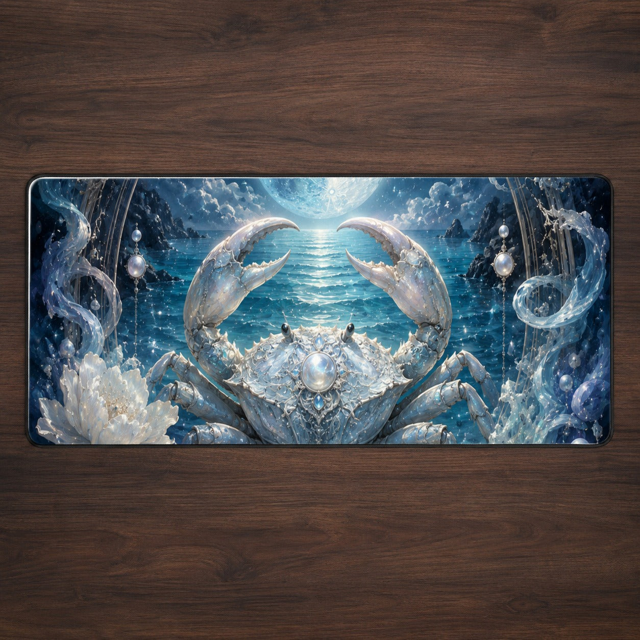Cancer Crab Desk Mat 31.5x11.8 Inch, Moonlit Zodiac Celestial Art