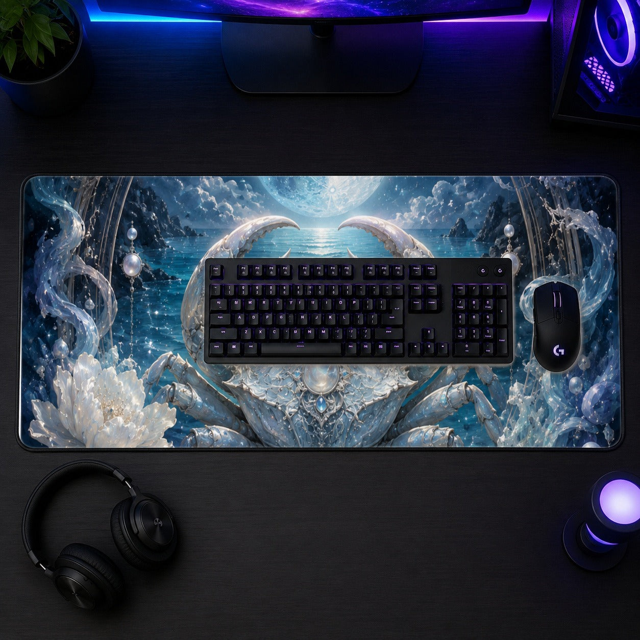 #pl[31.5x11.8 Inch (80x30cm)|Multicolor] Cancer Crab Desk Mat 31.5x11.8 Inch, Moonlit Zodiac Celestial Art
