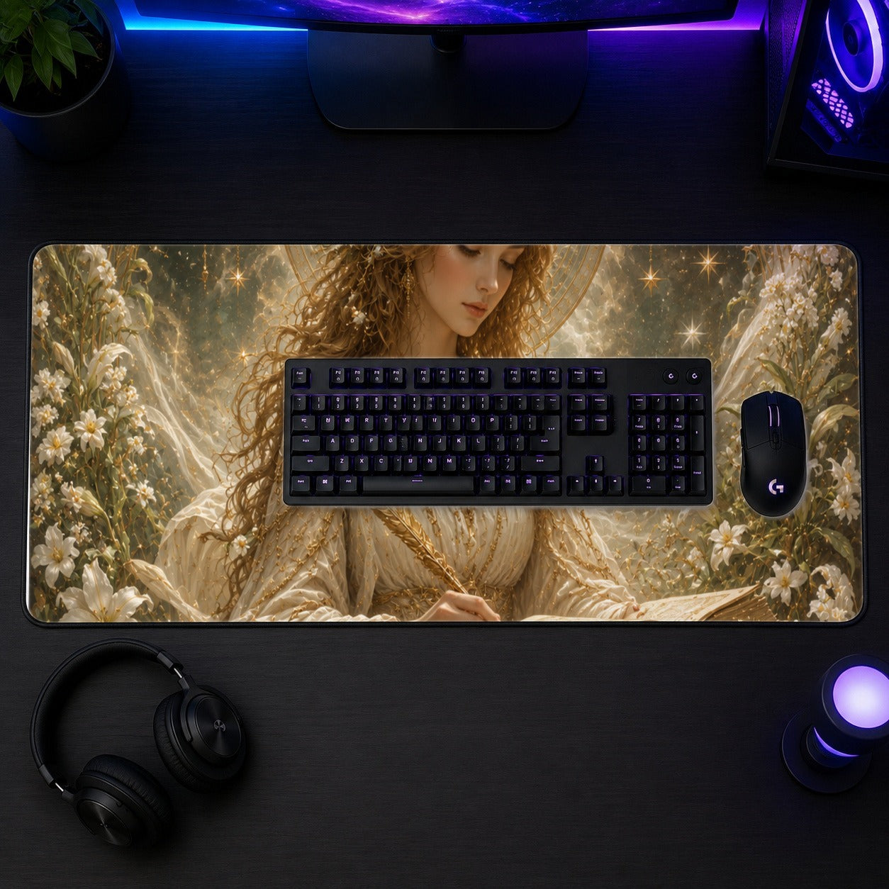 #pl[31.5x11.8 Inch (80x30cm)|Multicolor] Virgo Maiden Desk Mat 31.5x11.8 Inch, Celestial Zodiac Floral Art