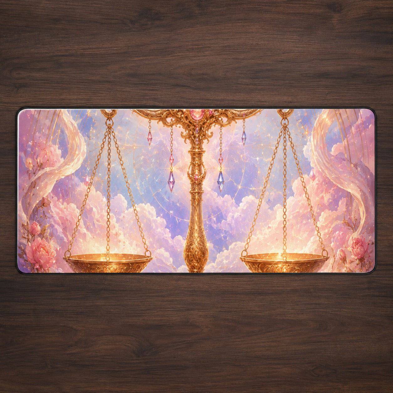 Libra Zodiac Desk Mat 31.5x11.8 Inch, Celestial Floral Balance Scales