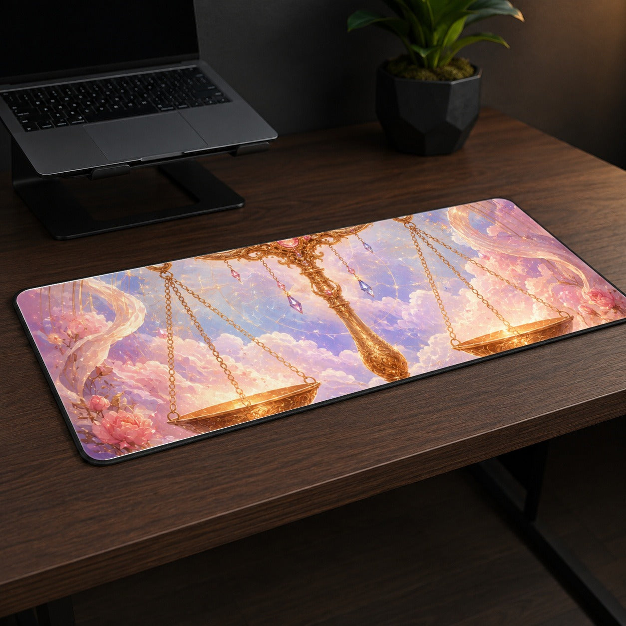 #pl[31.5x11.8 Inch (80x30cm)|Multicolor] Libra Zodiac Desk Mat 31.5x11.8 Inch, Celestial Floral Balance Scales