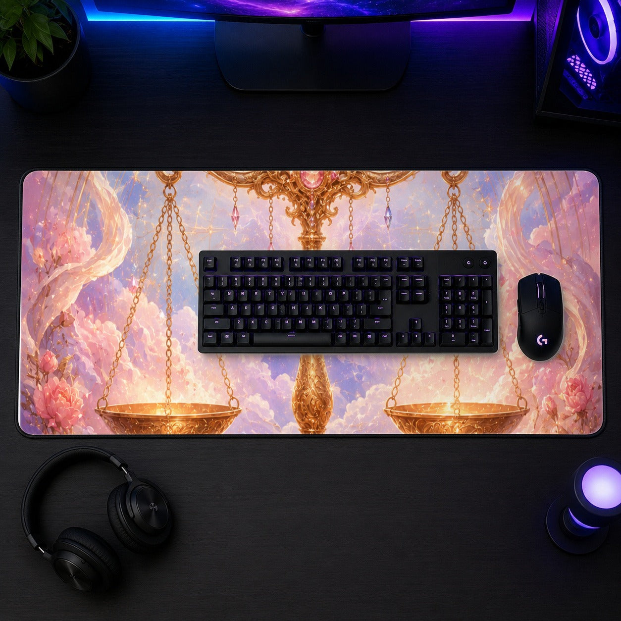 #pl[31.5x11.8 Inch (80x30cm)|Multicolor] Libra Zodiac Desk Mat 31.5x11.8 Inch, Celestial Floral Balance Scales