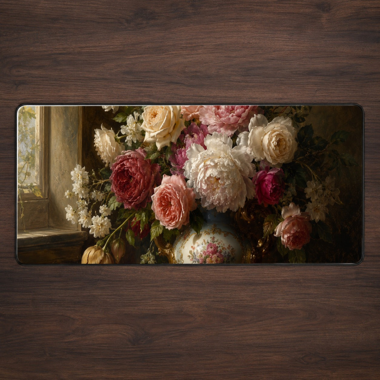 Vintage Floral Desk Mat 31.5x11.8 Inch, Romantic Rose Peony Artwork