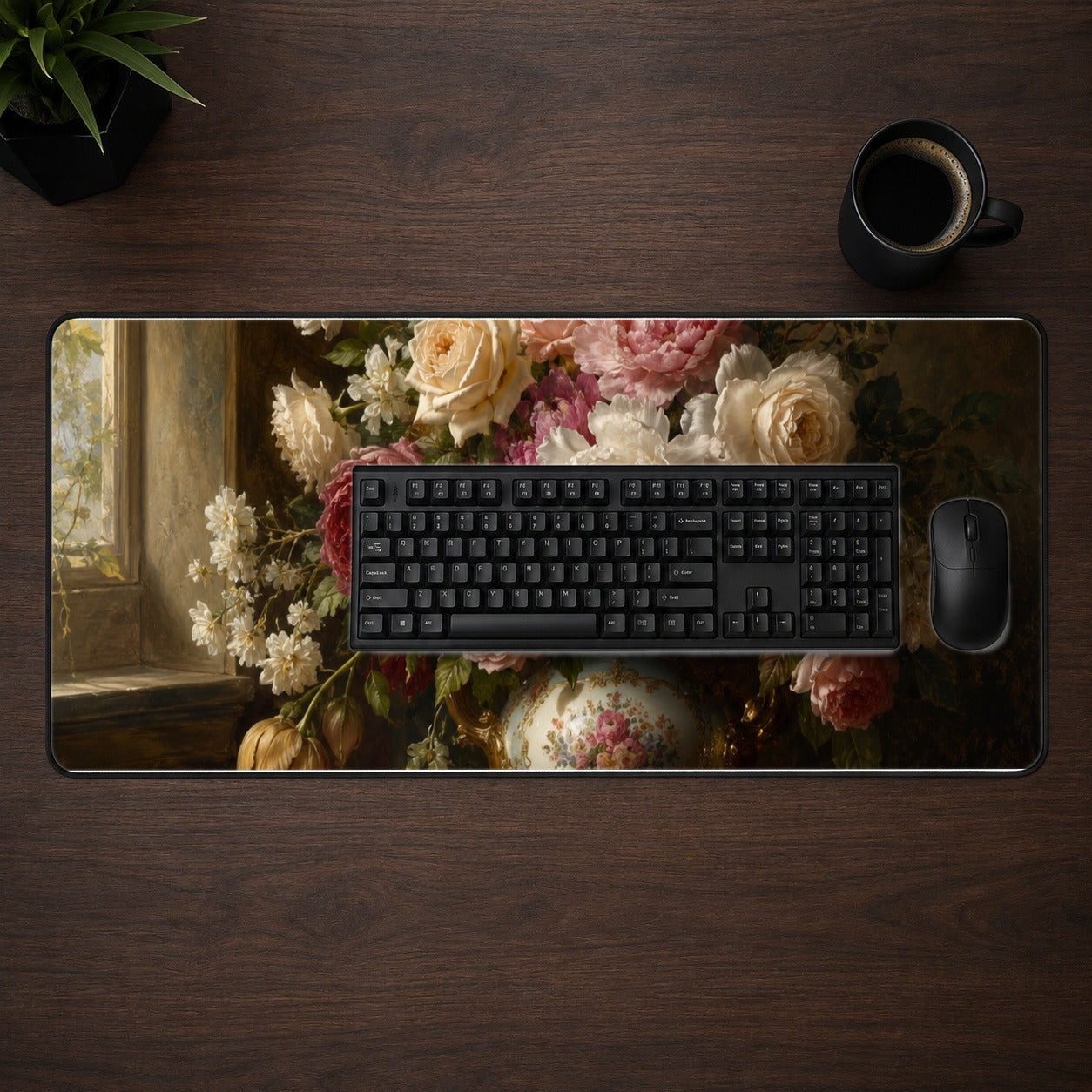 #pl[31.5x11.8 Inch (80x30cm)|Multicolor] Vintage Floral Desk Mat 31.5x11.8 Inch, Romantic Rose Peony Artwork