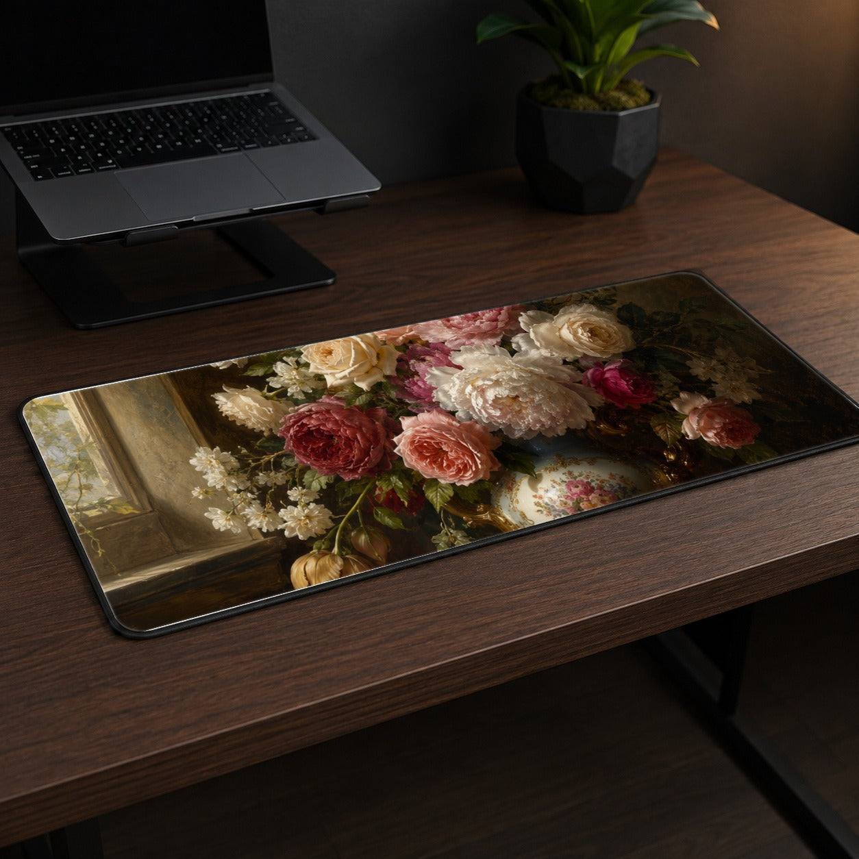 #pl[31.5x11.8 Inch (80x30cm)|Multicolor] Vintage Floral Desk Mat 31.5x11.8 Inch, Romantic Rose Peony Artwork