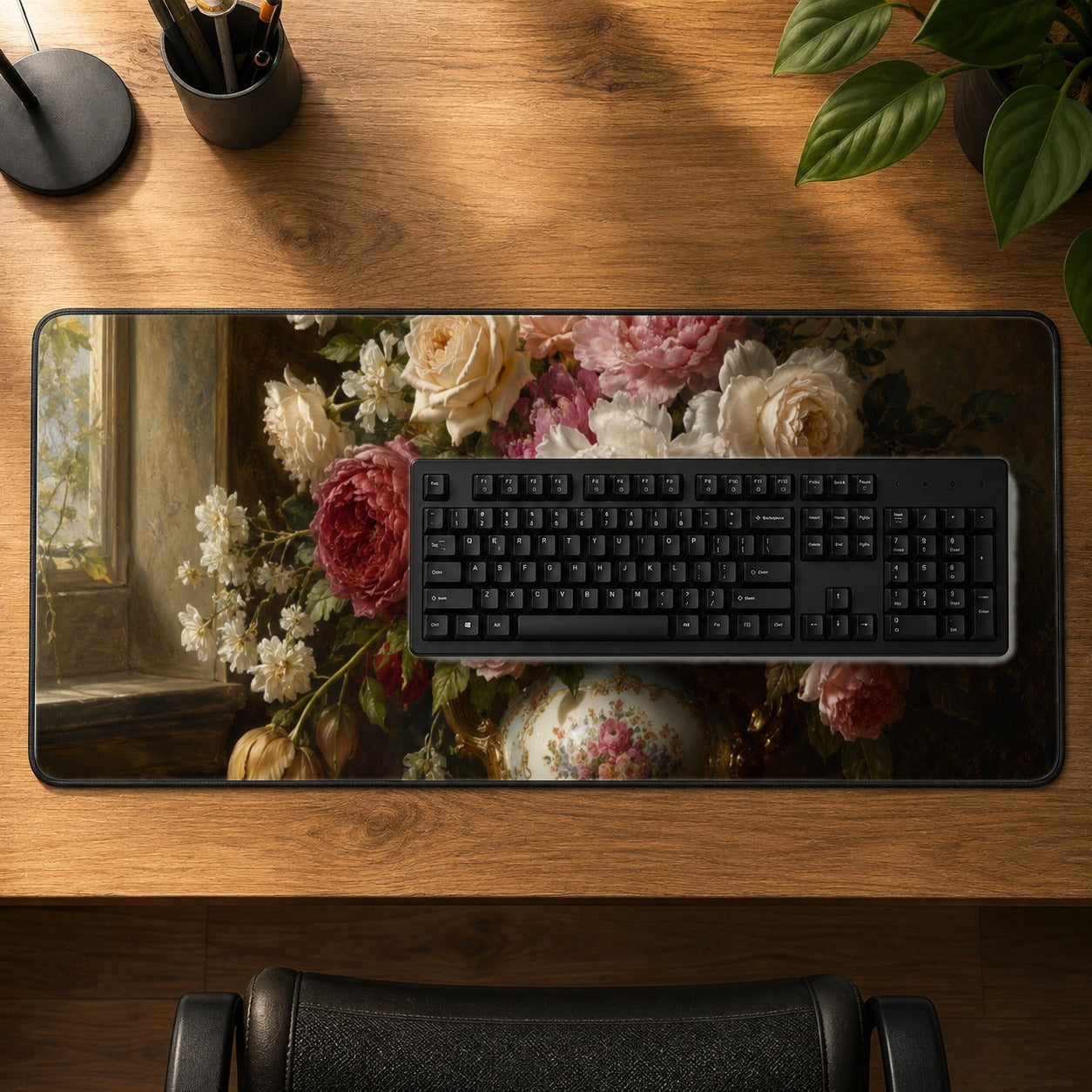 #pl[31.5x11.8 Inch (80x30cm)|Multicolor] Vintage Floral Desk Mat 31.5x11.8 Inch, Romantic Rose Peony Artwork