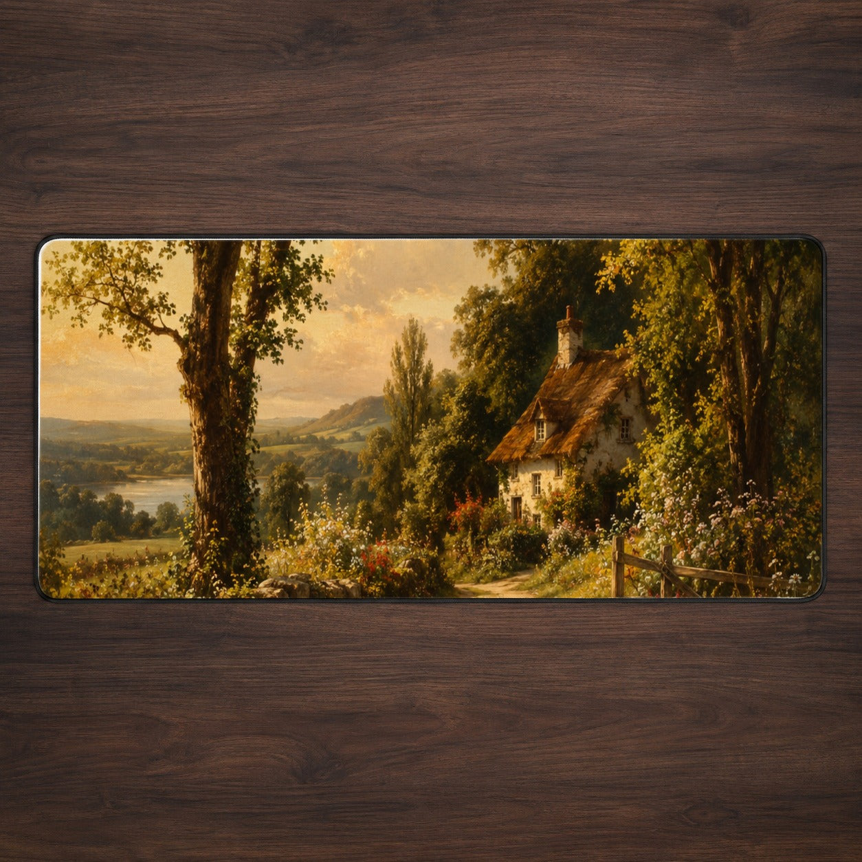 Cottage Countryside Desk Mat 31.5x11.8 Inch, Golden Rural Landscape