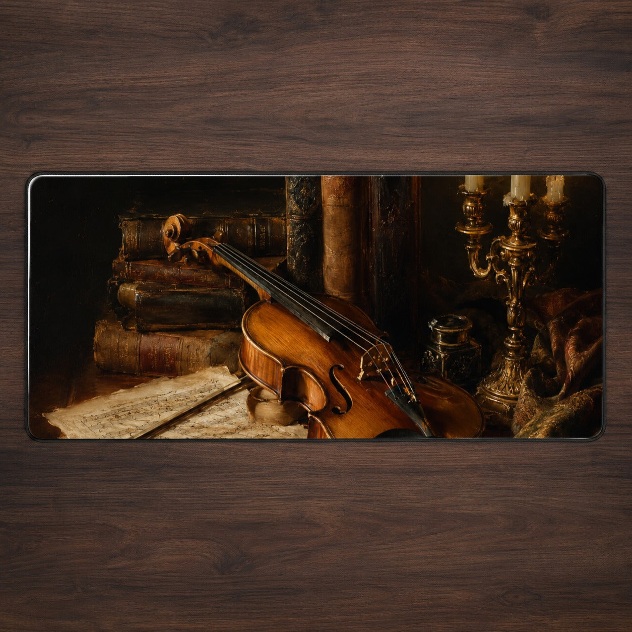 Violin Still Life Desk Mat 31.5x11.8 Inch, Candlelit Music Artwork