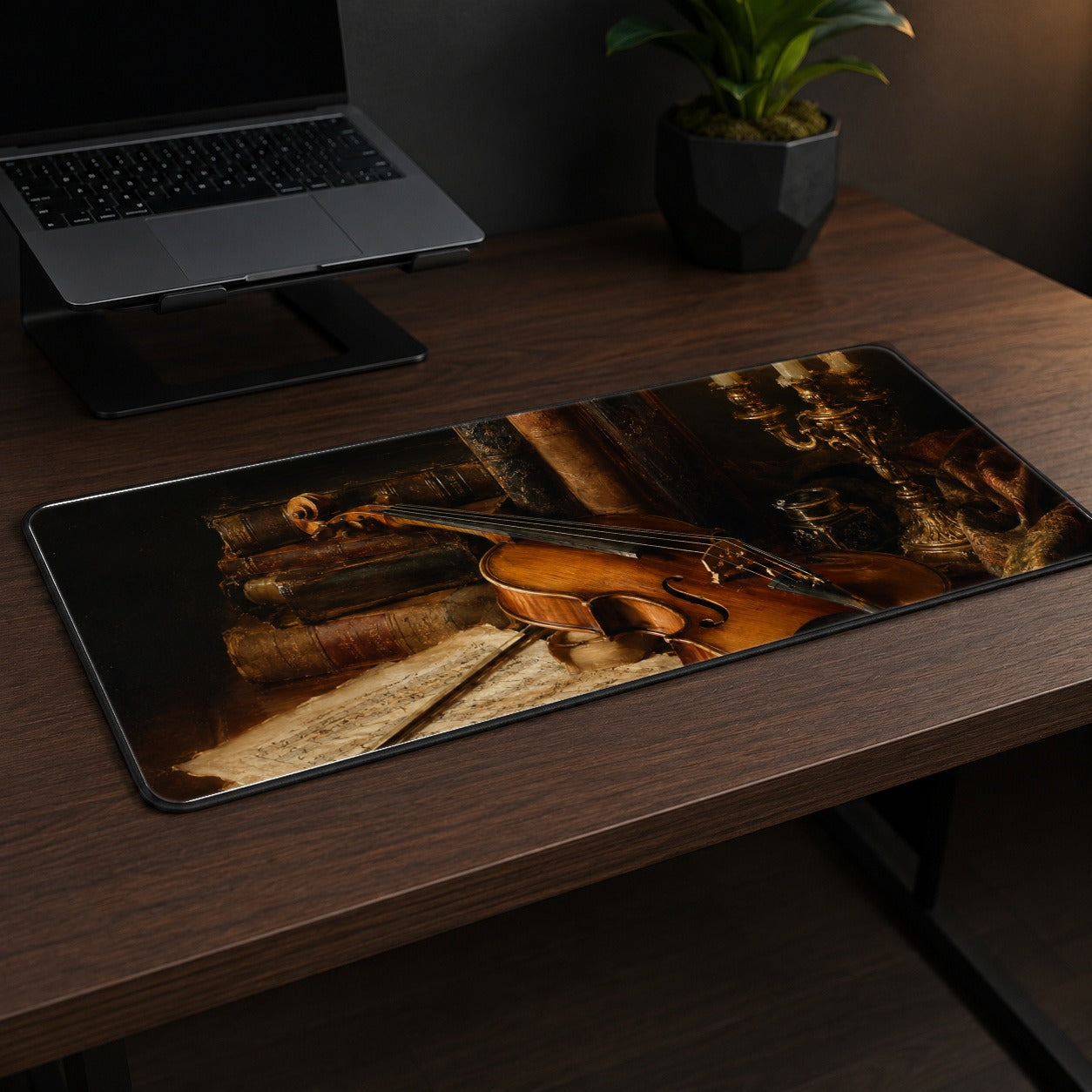 #pl[31.5x11.8 Inch (80x30cm)|Multicolor] Violin Still Life Desk Mat 31.5x11.8 Inch, Candlelit Music Artwork