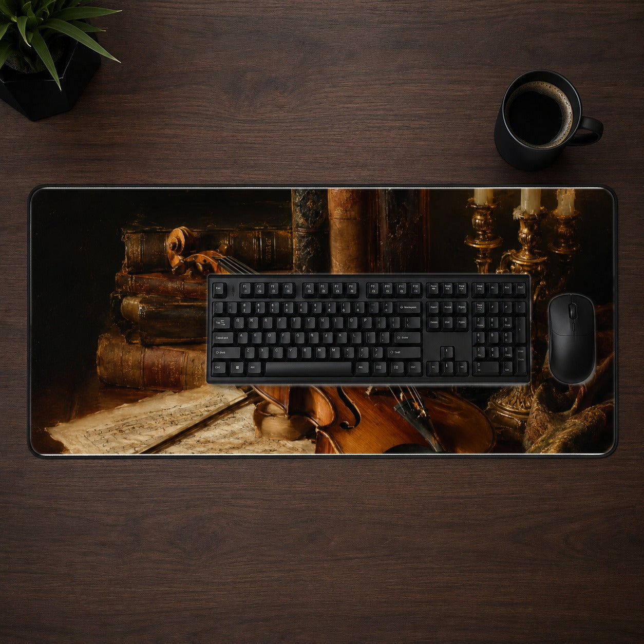 #pl[31.5x11.8 Inch (80x30cm)|Multicolor] Violin Still Life Desk Mat 31.5x11.8 Inch, Candlelit Music Artwork