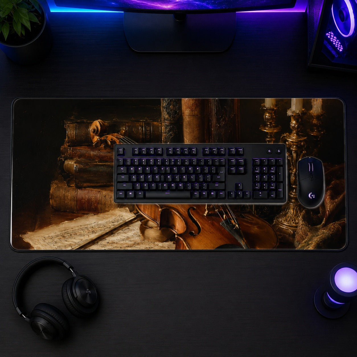 #pl[31.5x11.8 Inch (80x30cm)|Multicolor] Violin Still Life Desk Mat 31.5x11.8 Inch, Candlelit Music Artwork