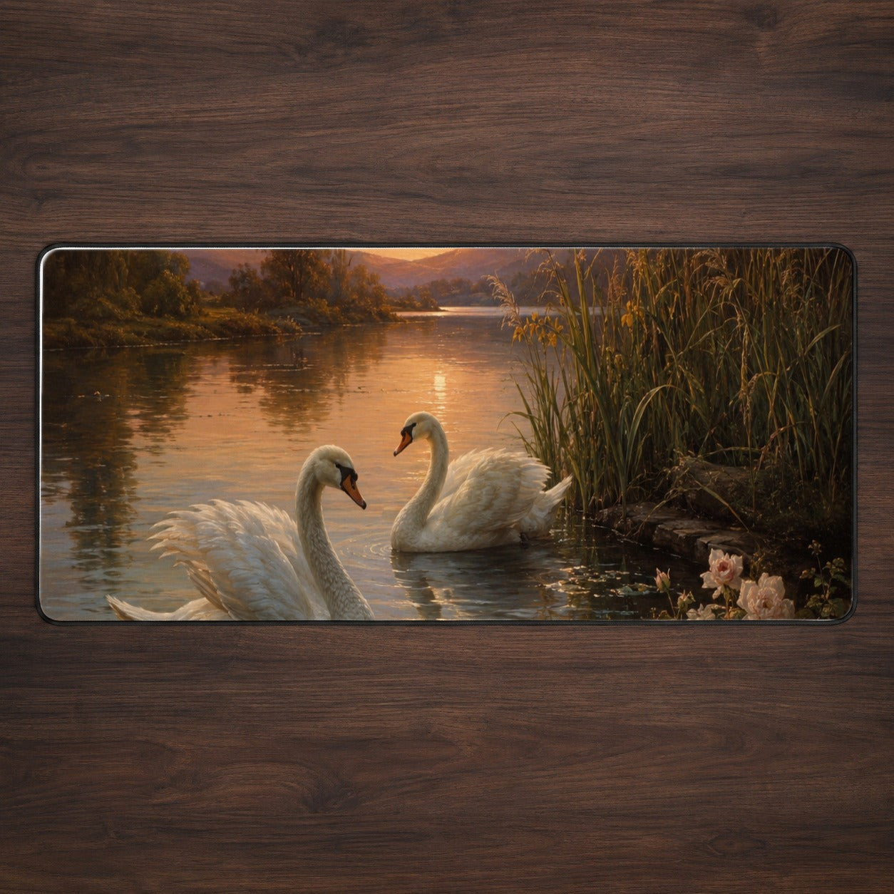 Swan Lake Sunset Desk Mat 31.5x11.8 Inch, Romantic Water Landscape