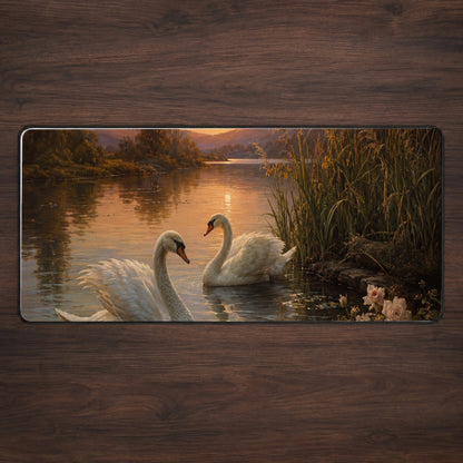 Swan Lake Sunset Desk Mat 31.5x11.8 Inch, Romantic Water Landscape