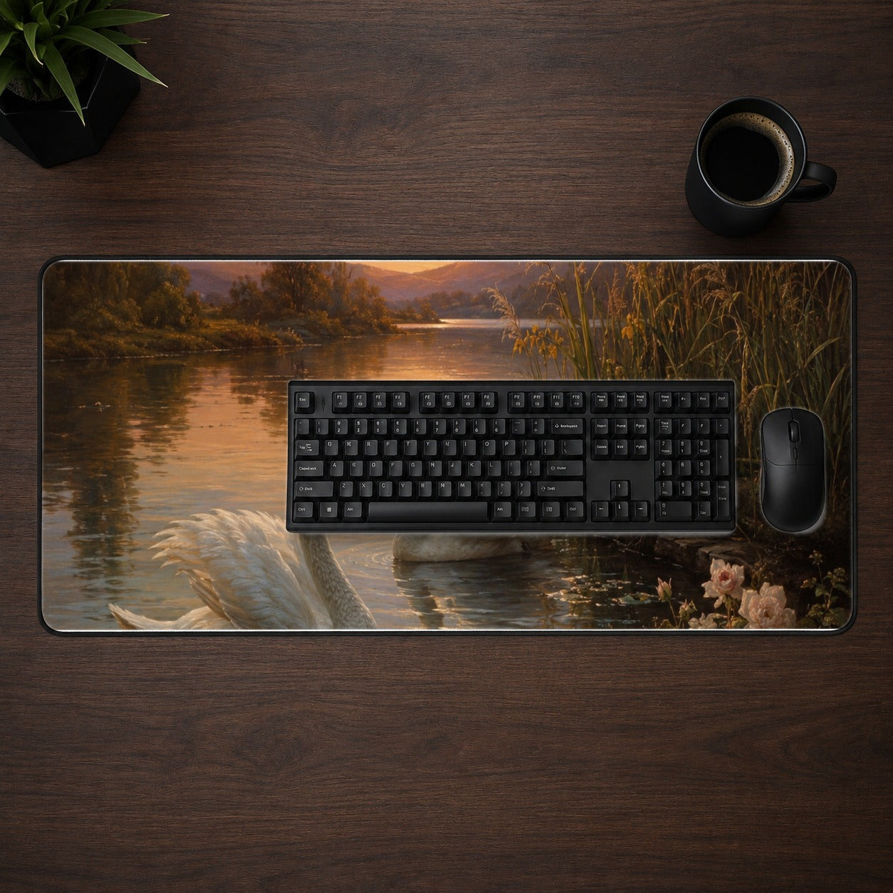 #pl[31.5x11.8 Inch (80x30cm)|Multicolor] Swan Lake Sunset Desk Mat 31.5x11.8 Inch, Romantic Water Landscape