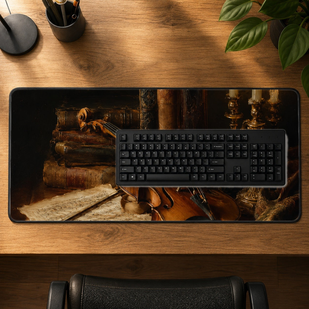 #pl[31.5x11.8 Inch (80x30cm)|Multicolor] Violin Still Life Desk Mat 31.5x11.8 Inch, Candlelit Music Artwork